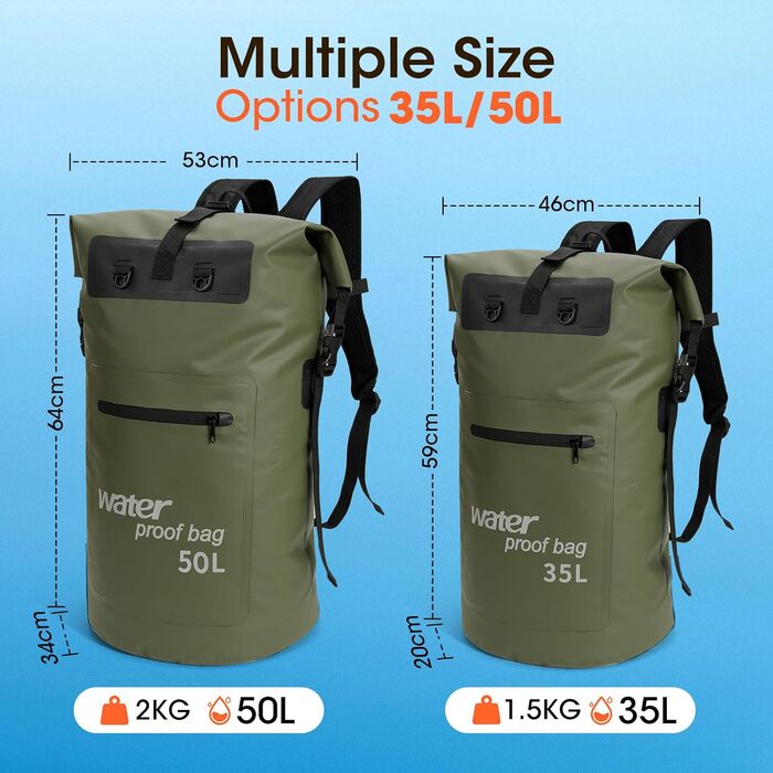 Водонепроникний рюкзак WELDUN 35L/50L Rolltop Dry Bag з IPX8 чохлом для телефону, для каякінгу, кану, кемпінгу, трекінгу, піших прогулянок, вітрильного спорту та інших водних видів спорту. Зелений колір.