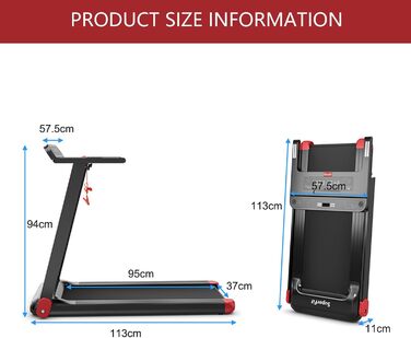 Складана бігова доріжка KOMFOTTEU для дому, електрична, 1-12 км/год, 550 Вт, LCD-дисплей, Bluetooth, 3 режими, 12 програм, вантажопідйомність 100 кг, червона