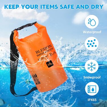 Водонепроникний мішок Dry Bag 5L/15L/20L/30L з регульованим плечовим ременем - рюкзак для каякінгу, риболовлі, плавання, піших прогулянок та подорожей (Оранжевий, 20L)