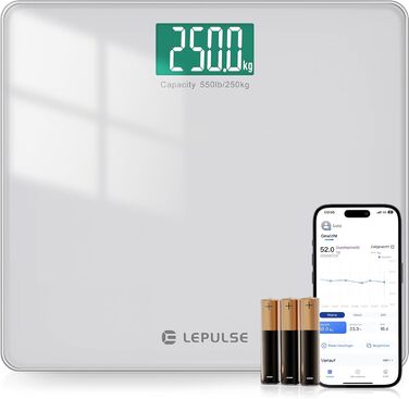 Розумна вага Lepulse S5 до 250 кг, вимірювання ваги і ІМТ, синхронізація з додатком через Bluetooth, широка платформа, срібляста