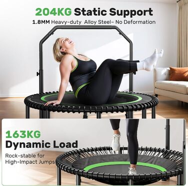 Трамплін для дорослих BCAN Rebounder 122 см, до 250 кг, з регульованою ручкою, для дому та вулиці, тренування всього тіла, зелений
