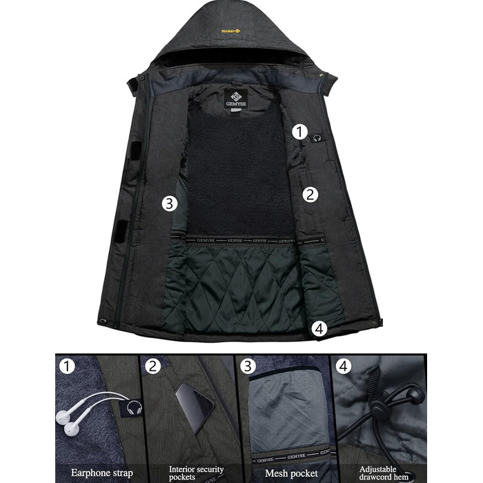 Куртка GEMYSE для чоловіків, водонепроникна, вітронепроникна, з підкладкою, зимова, з капюшоном, для спорту, відпочинку, активного відпочинку, графітово-сіра, XXL