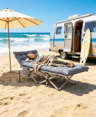 Ліжко туристичне розкладне Feldbett 7-зонне XXL 250 кг, 1200D Oxford, кут нахилу 15°, сіре – для кемпінгу, саду, палатки