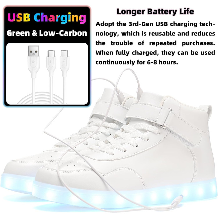APTESOL LED кросівки високі, світлодіодні, USB зарядка, для жінок та чоловіків (36 EU, білі)