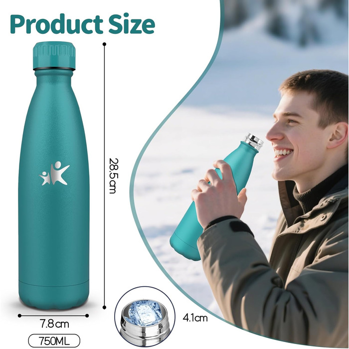 Фляга для води з нержавіючої сталі 750 мл - термофляга, без BPA, спортивна фляга, витримує вуглекислий газ, для фітнесу, велоспорту, армійсько-зелена