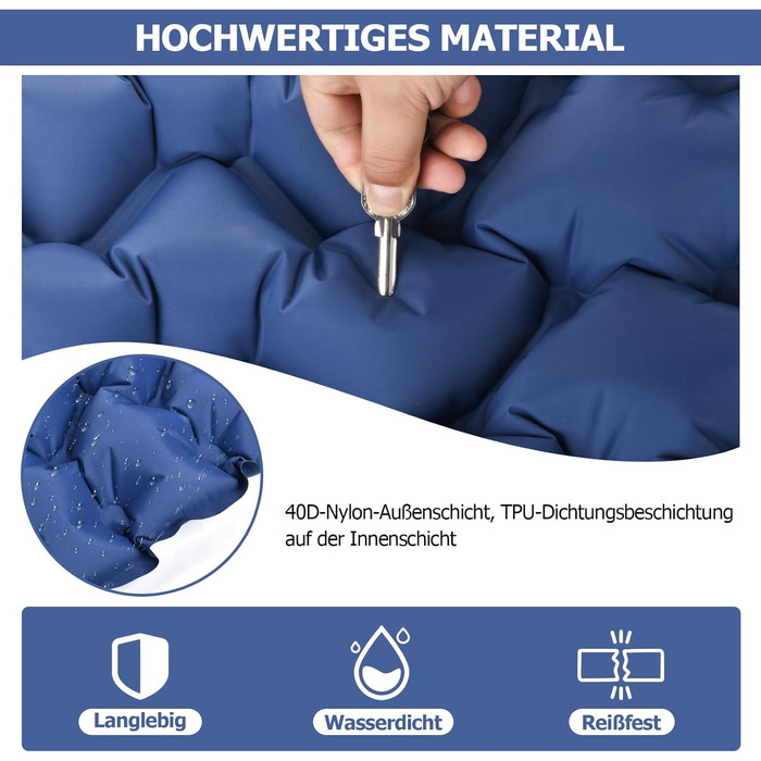 Каремат Amtake самонадувний, 10 см, для кемпінгу, туристичний, ультралегкий, з насосом, водонепроникний, для відпочинку на природі, пікніків, пляжу, блакитний