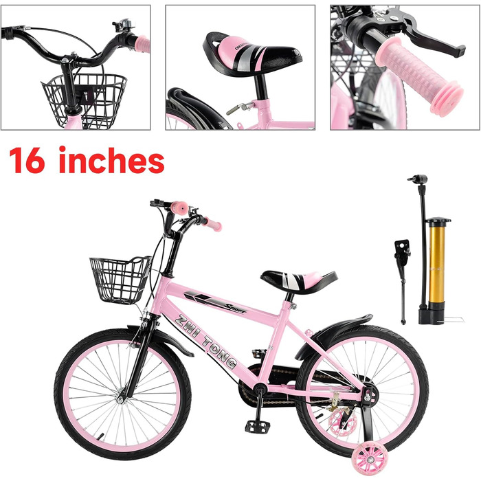 Дитяче велосипед 16 дюймів, регульоване сідло та кермо, рама з вуглецевої сталі, подвійні гальма, ударостійкі колеса, магнітні блискучі колеса, знімні додаткові колеса, для хлопчиків
