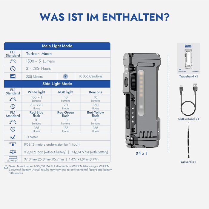 WUBEN X4 Mini LED ліхтарик з RGB підсвічуванням, компактний акумуляторний ліхтарик 1500 люменів, EDC тактичний ліхтарик IP68, для кемпінгу, подарунок, надзвичайна ситуація (сірий)