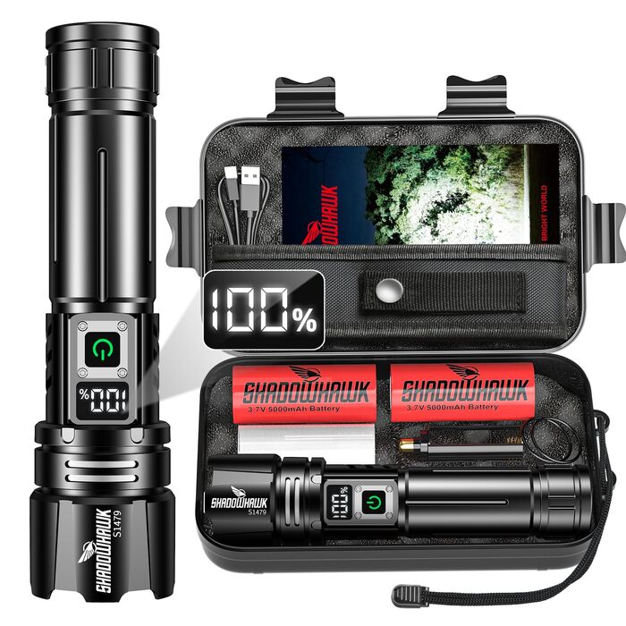 Ліхтарик Shadowhawk 24H з акумулятором (2 батареї) IP67, 500000 люмен, LCD-дисплей для кемпінгу, надзвичайних ситуацій, вигулу собак