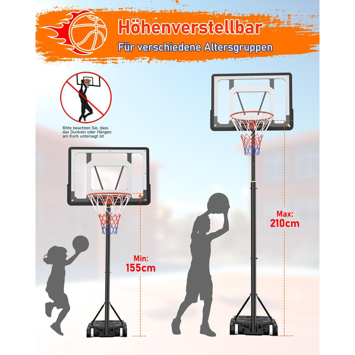 Баскетбольний кошик для вулиці, дитячий, регульована висота 150-210 см, стійка з міцною задня стінкою 80x60 см, збільшена база та колеса, чорний