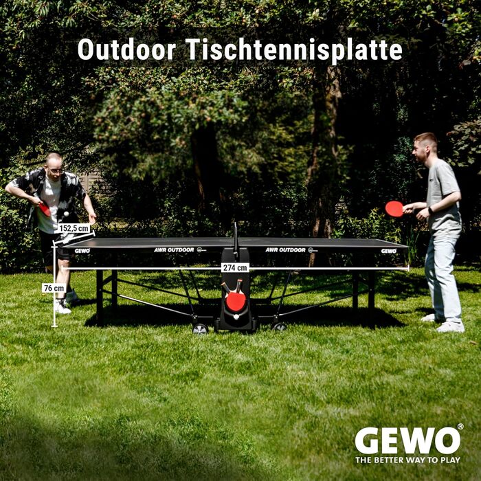Турнірний стіл для настільного тенісу GEWO PROFI OUTDOOR – Outdoor, вологостійкий, складаний, розмір ITTF, з сіткою, ракетками та м'ячами – Made in Germany