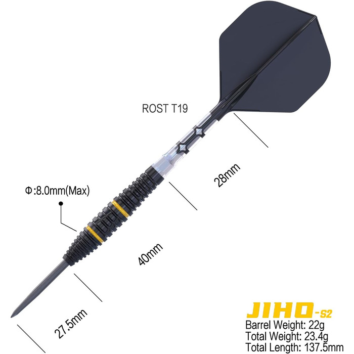 Дротики CUESOUL JIHO S1-S8 21/22/23 г, 90% вольфрам, сталева вістря, набір з ROST T19 Flight
