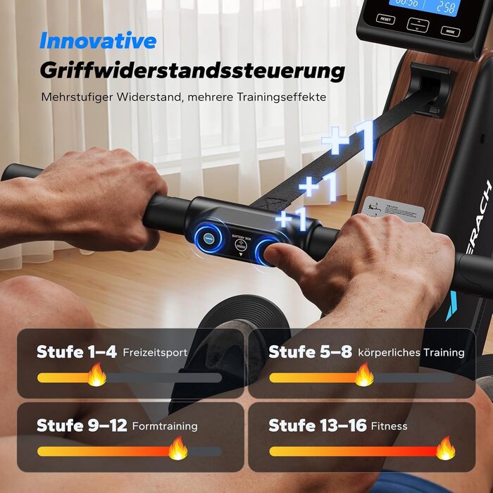 Гребний тренажер MERACH для дому, складаний, магнітний, тихий, з додатком, подовжені направляючі, електричне налаштування (самостійно)