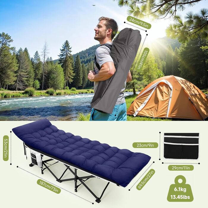 Розкладне ліжко Warmiehomy XXL з матрацом для дорослих, гостьове ліжко, широке та міцне, для кемпінгу, відпочинку, офісу, саду, сіре (блакитне), з матрацом