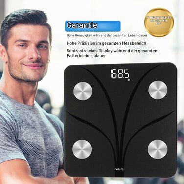 Розумні електронні ваги Vitafit з Bluetooth та APP: аналізатор складу тіла (жир, BMI, м'язова маса), до 182 кг, чорні, 28 x 28 см
