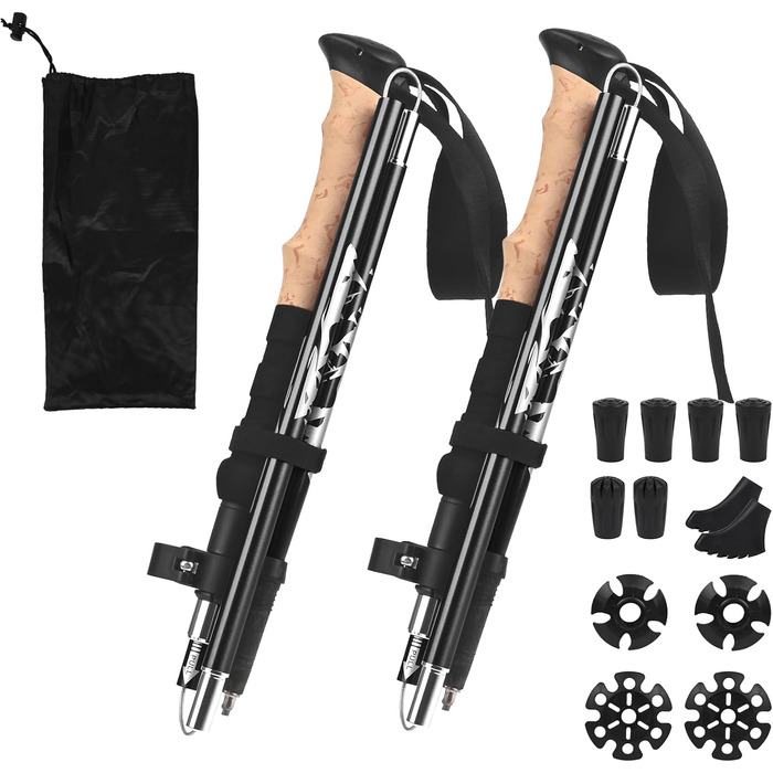 Тростини для скандинавської ходьби - 2 шт. Telescopic, алюміній, 33–125 см, складані, з ергономічними ручками та 12 гумовими наконечниками для піших прогулянок, альпінізму, кемпінгу та активного відпочинку. Чорний колір