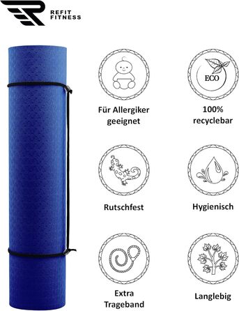 Килимок для йоги Perfect-Fit 190 x 60 x 0,6 см [GeckoGrip & Sensi-Plus TPE] - Нековзний, без шкідливих речовин + ремінь для перенесення - Спортивний килимок для гімнастики, фітнесу. Виберіть колір: блакитний, бежевий