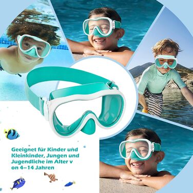 Дитячі окуляри для плавання WAVE Kinder (зелено-білі) з антифог покриттям та маскою для снорклінгу, UV-захист