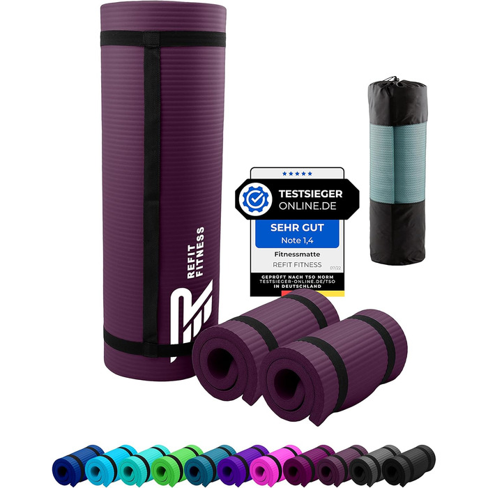 REFIT Premium Fitness килимок для йоги NBR 190 x 60 x 1,5 см з підкладкою для йоги, захистом для колін, ременем та сумкою - без фталатів, блакитний