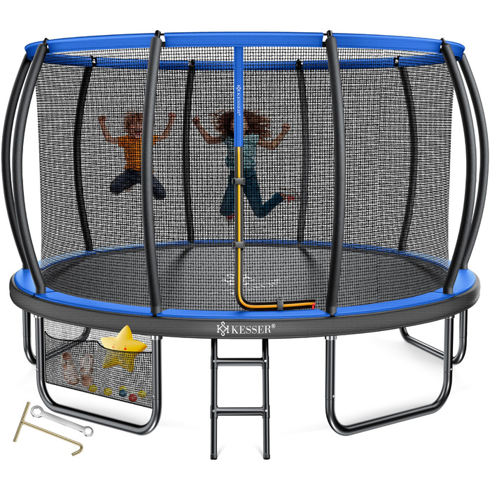 Трамплін KESSER® Outdoor Ø 244/305/366/427 см з сертифікатом GS, для дітей та дорослих (до 150 кг) з сіткою, сумкою, сходами, захистом краю та м'якими стійками сітки (Блакитний, Ø 366 см)
