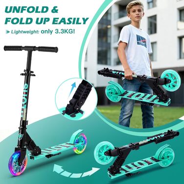 Самокат дитячий SUOTU з колесами 145 мм, до 100 кг, світлодіоди, складаний, регульована висота, для хлопчиків та дівчаток, алюмінієвий (Чорно-синій)