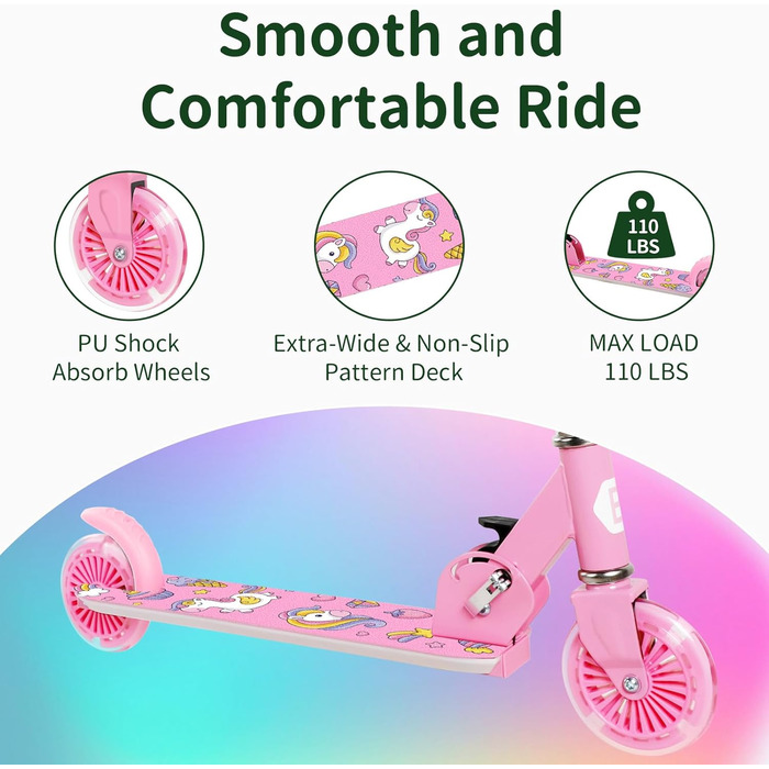 Белеїв V2 Роликовий Самокат для Дітей 6 років, з LED-підсвічуванням, Регульована Ручка та Платформа, Задній Гальма, Складаний Самокат для Дівчаток та Хлопчиків 3-12 років (Світло-рожевий)