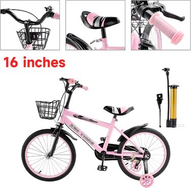 Дитяче велосипед 16 дюймів, регульоване сідло та кермо, рама з вуглецевої сталі, подвійні гальма, ударостійкі колеса, магнітні блискучі колеса, знімні додаткові колеса, для хлопчиків