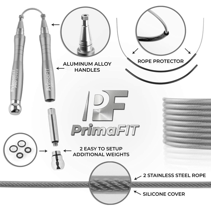 Скакалка PrimaFIT для дорослих 3м, професійна, регульована, з вагами, 2 підшипники, антиковзкі ручки, для боксу, MMA, кросфіту, сталевий трос, з сумкою, срібляста