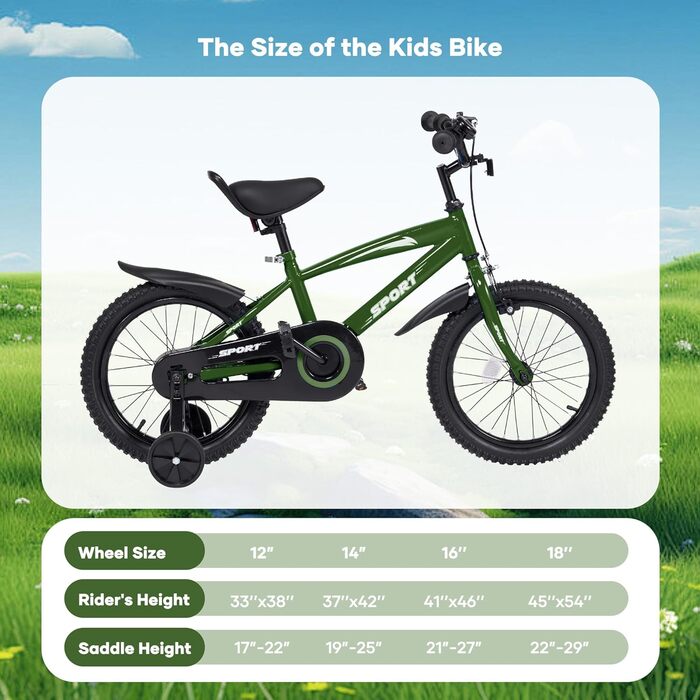 Дитячий велосипед BODIOO 14 дюймів: надійний велосипед для хлопчиків та дівчаток з додатковими колесами, регульованим сидінням та гальмами