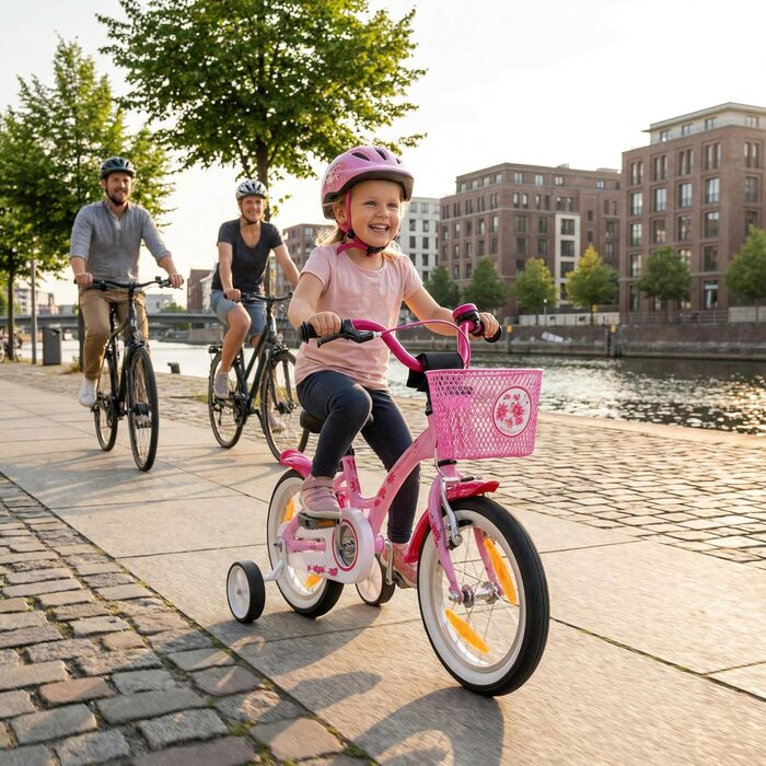 Дитячий велосипед Prometheus для дівчаток 14 дюймів з додатковими колесами та заднім гальмом, рожевий