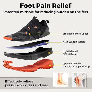 Черевики для хайкінгу FitVille для чоловіків, широкі, трекінгові, slip-on, outdoor, дихаючі, для ходьби, з антиковзкою підошвою, вільні кросівки (45 EU X-широкі, чорно-помаранчеві)