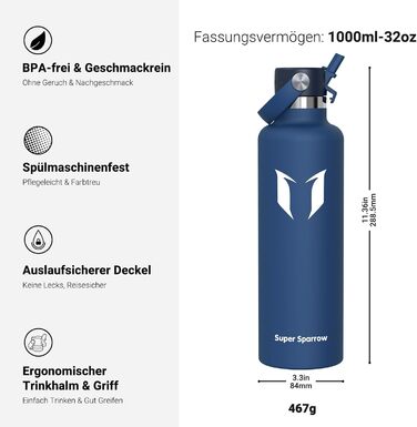 Термокружка-термос Super Sparrow з нержавіючої сталі з трубочкою - 350мл, 500мл, 750мл, 1л, 1.2л - без BPA, для спорту, подорожей, школи, активного відпочинку (1000 мл, колір: блакитний)