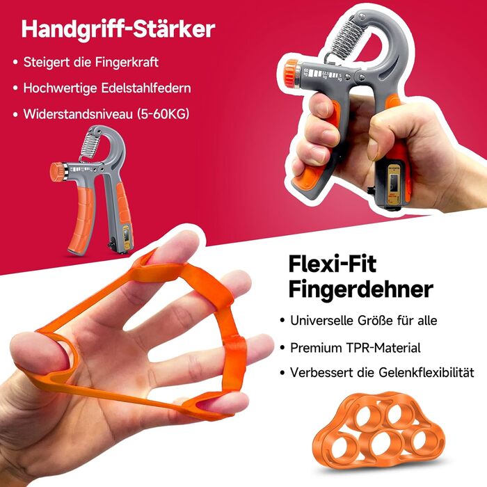 FitBeast Набір для тренування рук (5 шт.): підручник для підручника, підручник для підручника, м'ячик для захоплення, м'ячик для зняття стресу для спортсменів (Помаранчевий)