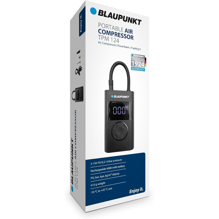 Портативний акумуляторний компресор Blaupunkt TPM 124 для накачування шин авто, велосипедів, мотоциклів і м'ячів, з функціями павербанку та ліхтарика, чорний