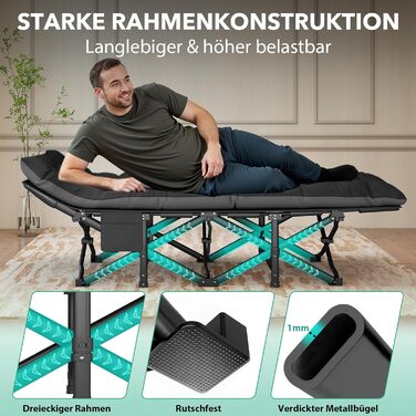 Розкладне ліжко-тахта для кемпінгу з матрацом, сталеве, чорне, 190x71x35 см