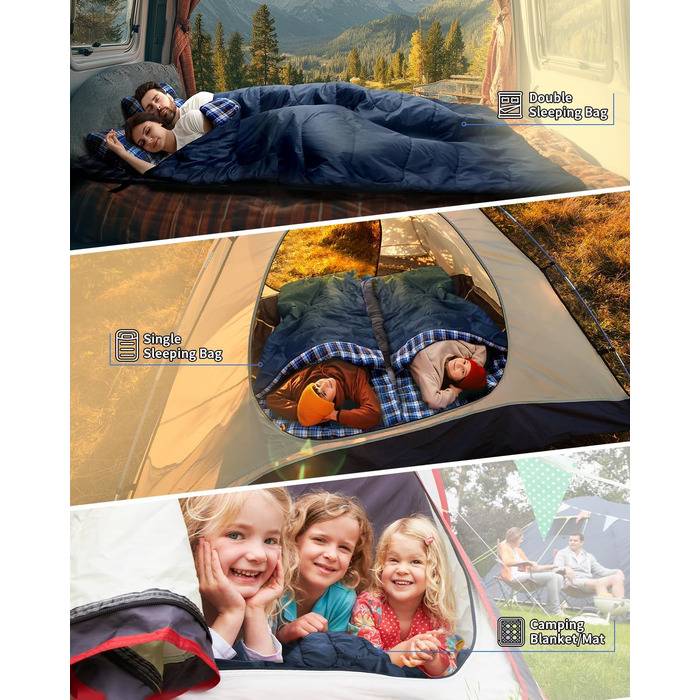 Спальний мішок Outdoor Sportneer для 2 осіб, 3 сезони, 220x150 см, 2.75 кг з подушками, дорослий, блакитний