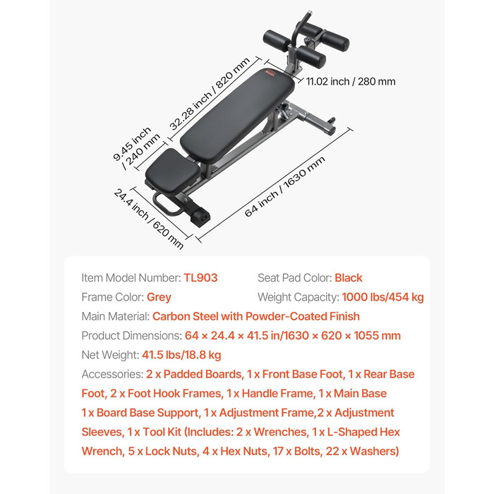 VEVOR лавка для пресу, Bauchbank з обертовим ручками, регульована висота, міцна сталь, 500/600/453,6 кг, для фітнесу вдома, силові тренування, лавка для пресу/1000lbs