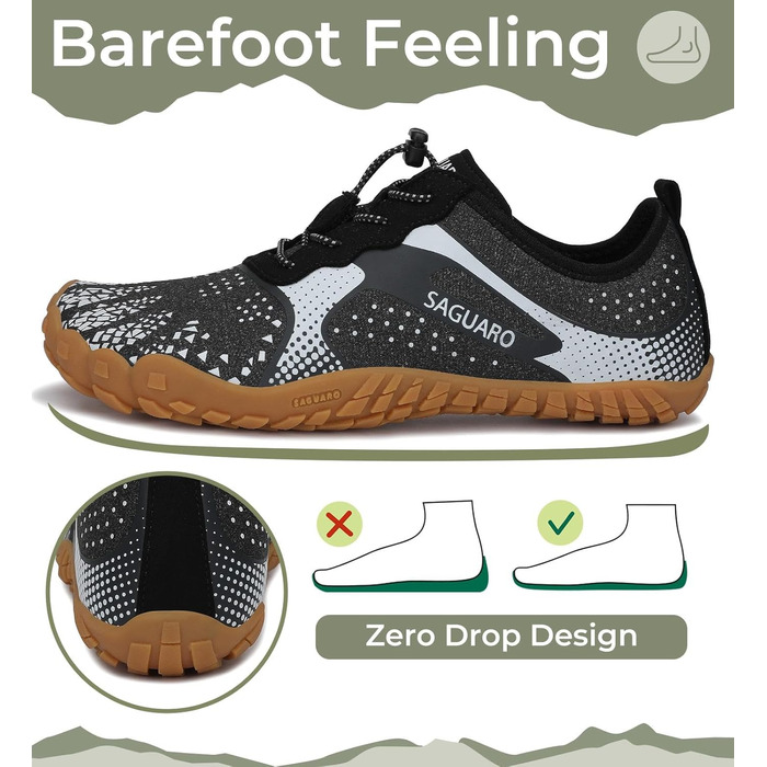 Barefoot взуття для жінок та чоловіків: тренувальне, для хайкінгу, дому та вулиці, дихаючі, широка носкова частина, плоска підошва, чорне (Nero Fumosо, 44 EU)