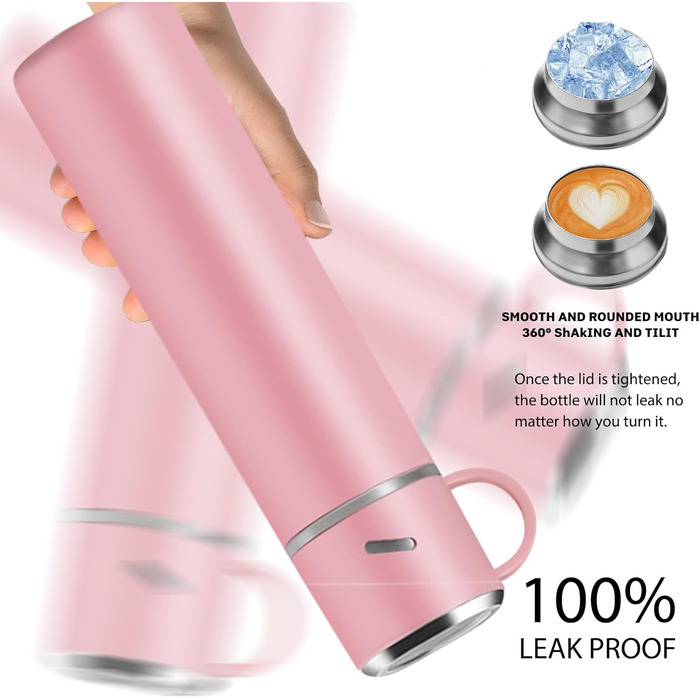 Термос IAGORYUE з нержавіючої сталі, 0,55 л, з герметичним кришкою та ручкою, подвійні стінки, зберігає тепло/холод до 12 годин, для спорту, офісу, відпочинку на природі (Рожевий)