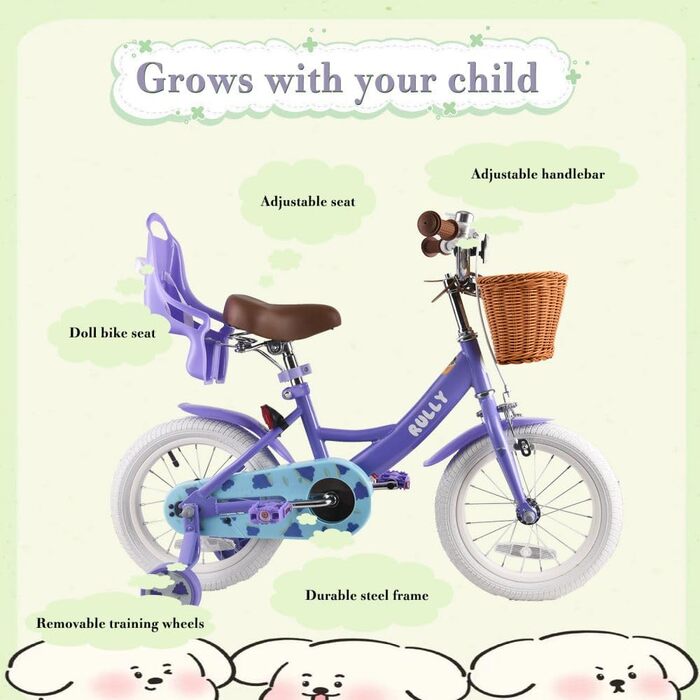 Дитячий велосипед RULLY Fruit для дівчаток 12/14/16 дюймів, 2-7 років, з додатковими колесами, кошиком та сидінням для ляльки, фіолетовий
