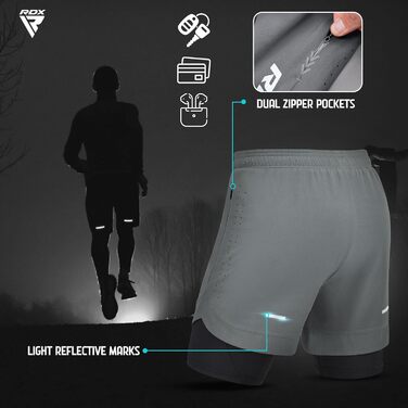 Шорти чоловічі RDX 2-в-1 для бігу та тренувань, компресійні, з кишенями на блискавках (Сірий, XL)