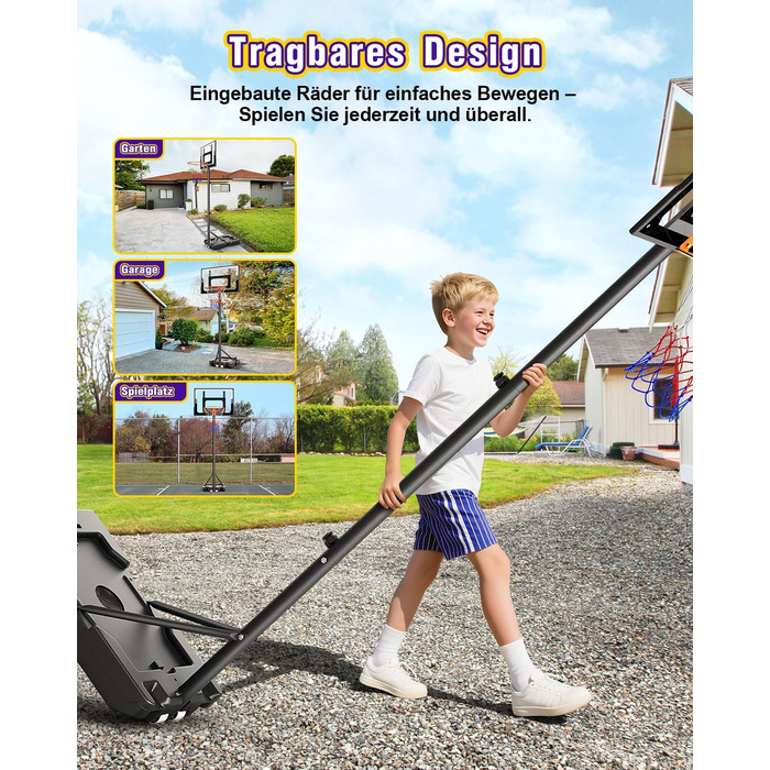 Баскетбольний кошик для вулиці дитячий, 107-213 см, зі стійкою та колесами, регульована висота, ударостійка PC-стінка, сірий. Подарунок для дітей