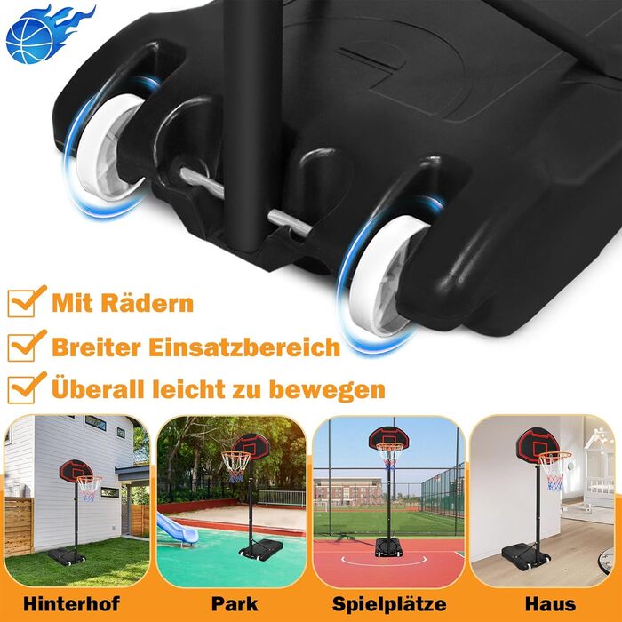 Баскетбольний кошик UISEBRT вуличний з м'ячем та насосом для дітей - стійка 156-208 см, регульована висота, мобільна баскетбольна установка на колесах, міні кошик для гри в приміщенні та на вулиці