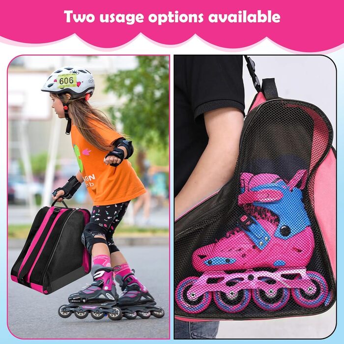 Сумка для роликів та ковзанів для дітей, рожева. З регульованим ремінцем. Підходить для роликів, ковзанів та хокею.