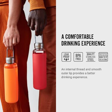 Скляна пляшка для води BLACK+BLUM 600 мл, коралова, силіконовий чохол, нержавіючий кришка з ручкою, BPA-free, герметична