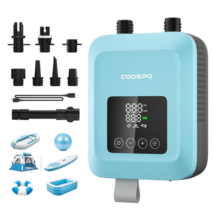 Насос електричний CooSpo для SUP-дошок та каяків 20 PSI з акумулятором (темно-синій)