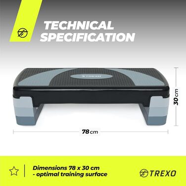 Степ-платформа TREXO для аеробіки та фітнесу, сіра, 78 x 30 см, регулювання висоти 10-20 см