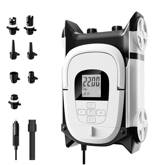 Електричний насос для SUP дошки 12V, 22 PSI, подвійний, з авто-стопом, для човнів, каяків, водних видів спорту, 7 насадок