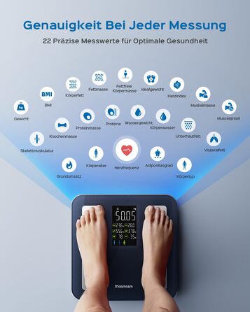Ваги підлогові цифрові 8-в-1 Bluetooth Personenwaage: аналіз тіла, BMI, відсоток жиру, пульс, iOS/Android, до 180 кг