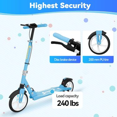 MEE GOO Скутер для дорослих з дисковою гальмом та подвійними амортизаторами, 200 мм PU-колеса, підшипники ABEC-7, неслизька дека (Рожевий/Білий/Синій) – Макс. 100 кг, СИНИЙ